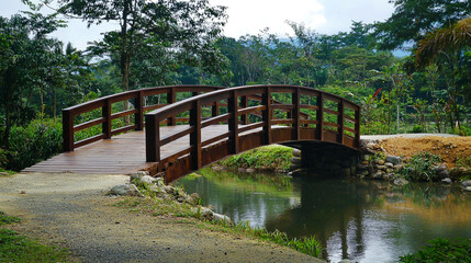 Fototapeta premium A wooden bridge arches over a tranquil stream in a lush green forest.