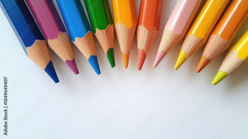 Poster a collection of colorful pencils arranged in a semi-circle on a white background, creating space for