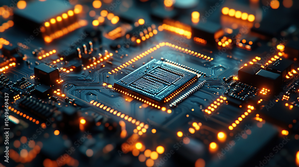 Poster close-up of a glowing microchip on a circuit board, with a chip in the middle