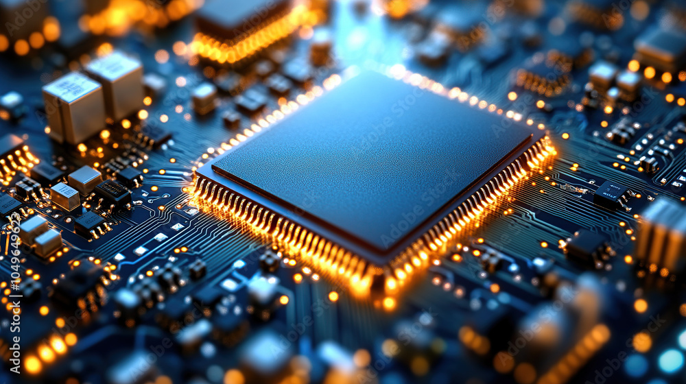Poster close-up of a glowing microchip on a circuit board, with a chip in the middle