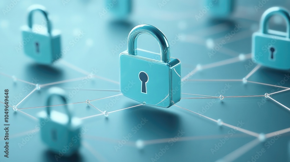 Poster cybersecurity padlock icon with network data on light blue background