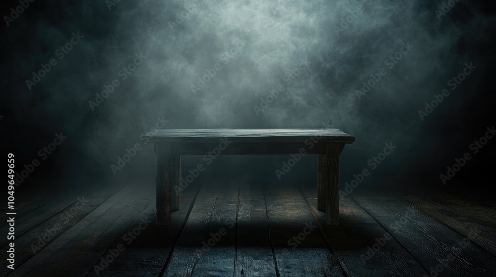 Poster Dark, fog-filled scene with illuminated wooden table, ideal for product displays in rustic settings