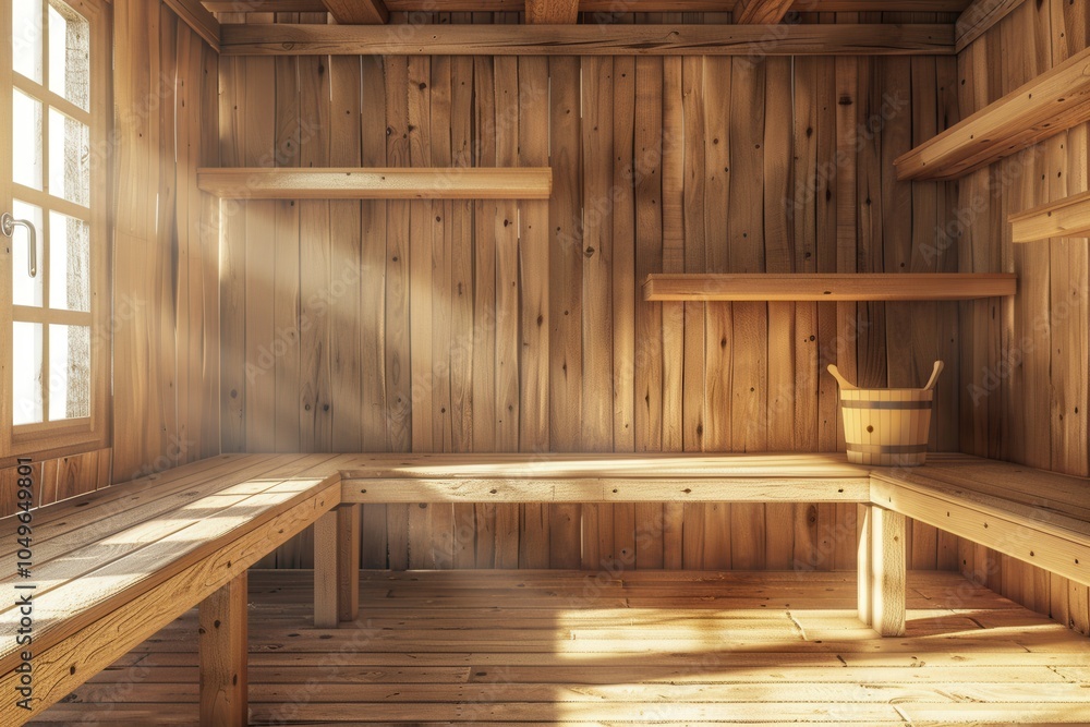 Aufkleber warm, wooden walls and benches create a calming atmosphere in this traditional sauna illuminated by 