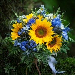 Obraz premium Vibrant fairytale bouquet with sunflowers, dahlias, blue hydrangeas, and delicate ribbons nestled among ferns and moss 