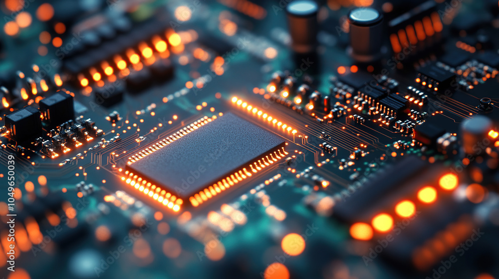 Poster close-up of a glowing microchip on a circuit board, with a chip in the middle