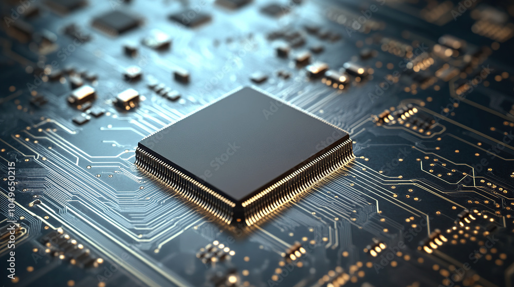 Poster close-up of a glowing microchip on a circuit board, with a chip in the middle