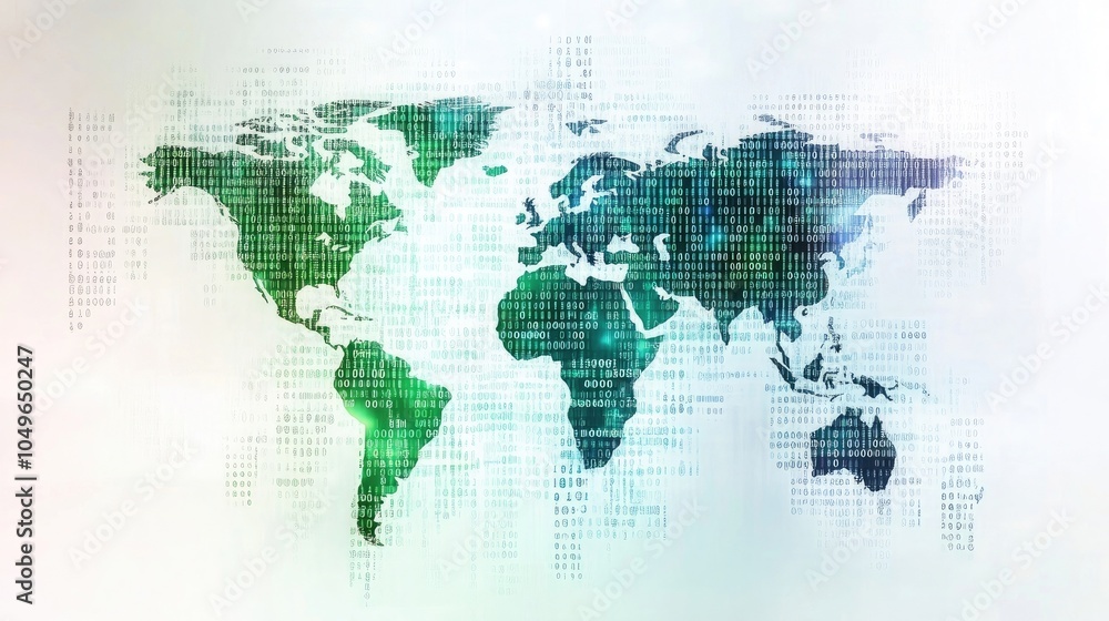 Poster digital world map with binary code on a white background