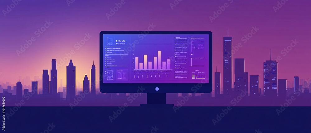 Poster a modern computer monitor displaying data analytics against a vibrant city skyline at dusk, highligh