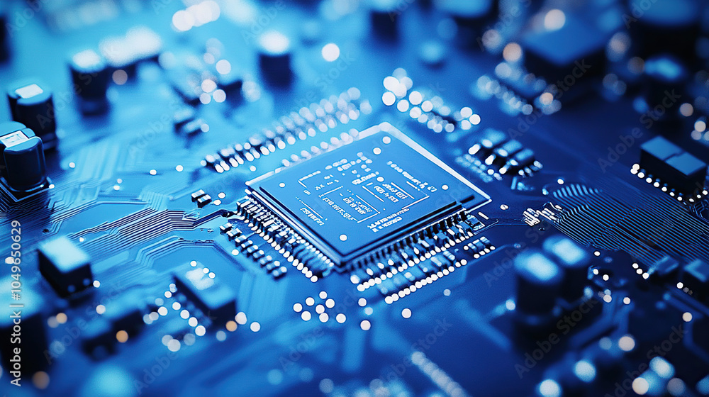 Poster close-up of a glowing microchip on a circuit board, with a chip in the middle