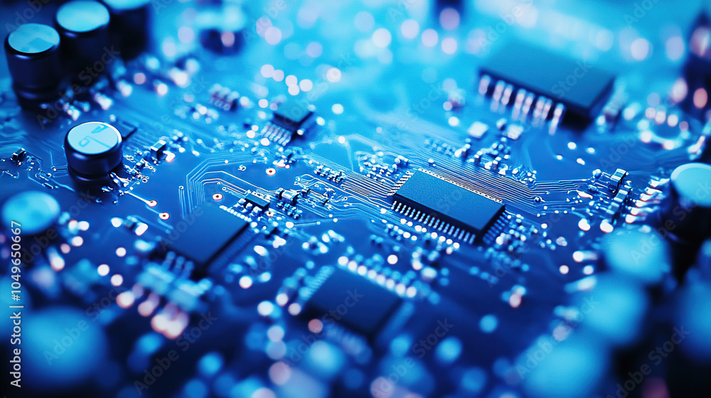 Poster close-up of a glowing microchip on a circuit board, with a chip in the middle