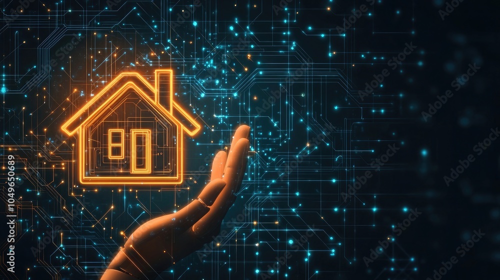 Poster futuristic automation concept featuring a smart home icon controlled by a robotic hand through iot t