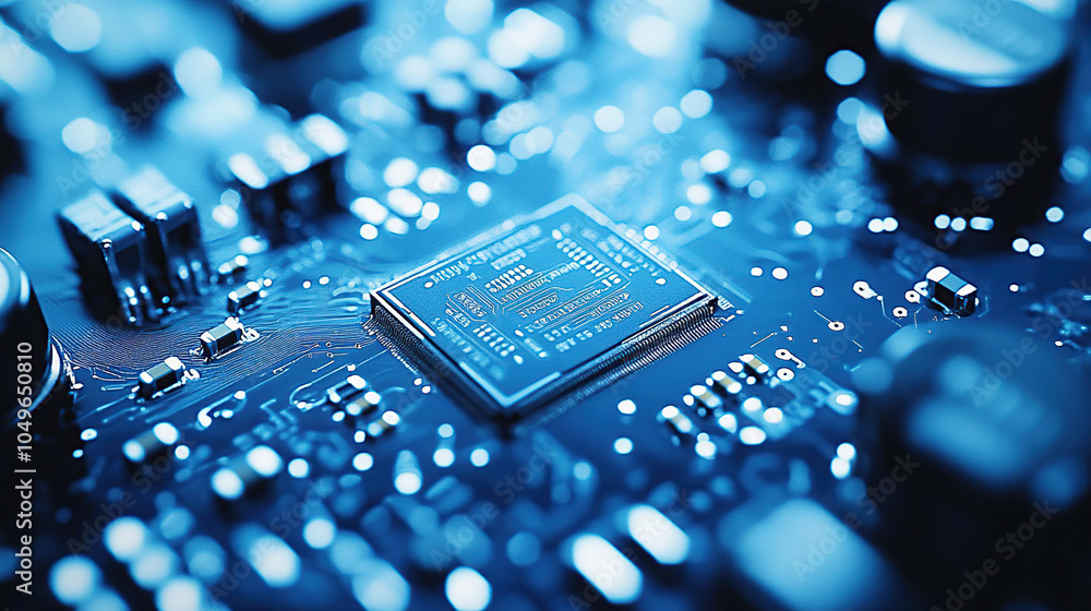 Poster close-up of a glowing microchip on a circuit board, with a chip in the middle