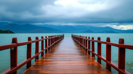 Fototapeta premium A wooden pier extends into a calm lake, with a mountain range in the background and stormy clouds overhead.