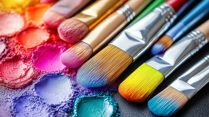 Fototapeta premium Vibrant artist brushes are arranged next to a colorful array of paint palettes, showcasing creativity and artistry