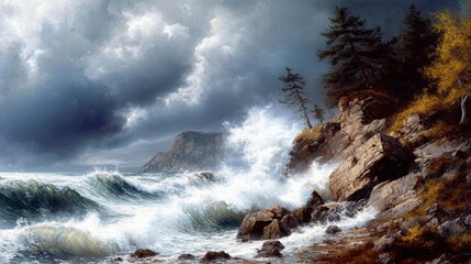 Obraz premium Majestic coastal cliffs with powerful waves crashing against rocky shores, trees bending under intense wind, and dramatic skies filled with dark clouds