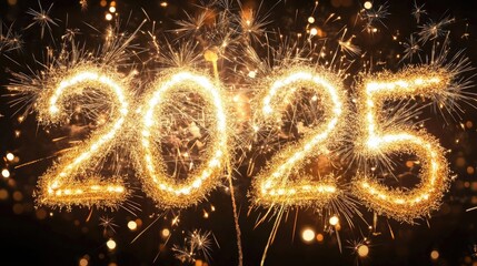 Happy New Year 2025 with festive gold fireworks bursting in the night sky