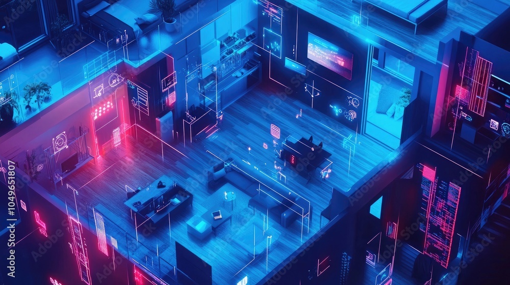 Poster iot concept showcasing smart devices connected in a home network for remote control and automation