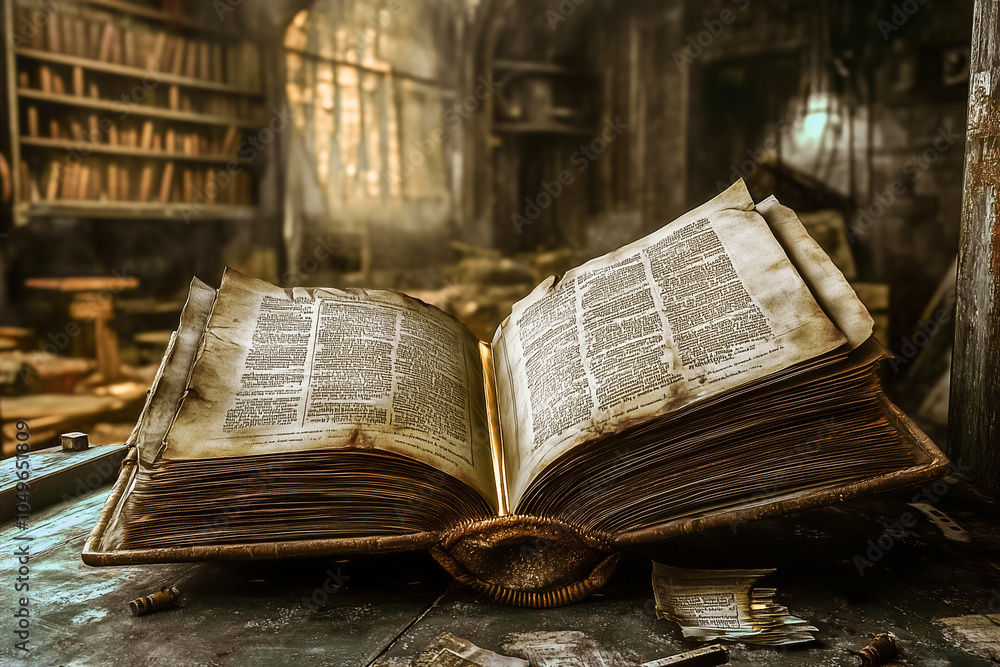 Poster a dusty library features an open book with pages fluttering gently in a still atmosphere, caught in 