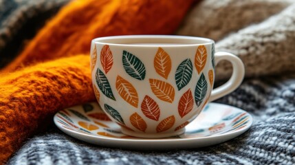 A cozy autumn afternoon with a decorative cup resting on a warm blanket and spark of vibrant leaves