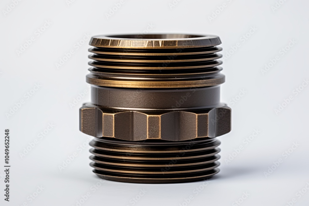 Poster detailed view of a metallic connector piece with threading on a white background