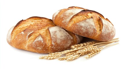 Loaves of bread and wheat ears on a white background