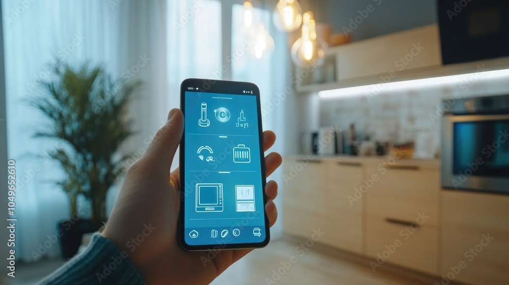 Poster mobile app interface controlling smart home appliances through iot technology, symbolizing futuristi