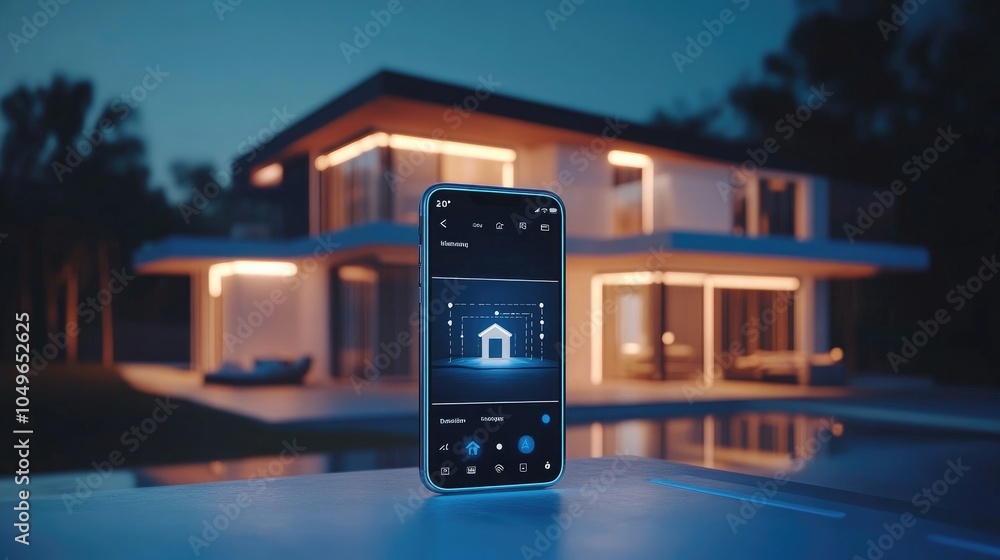 Poster Mobile app interface displaying a smart home icon connected to IoT devices, representing remote home control