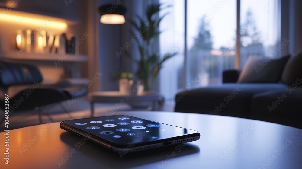 Poster mobile phone interface controlling iot devices in a modern home setup, representing smart technology