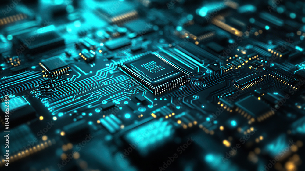 Poster close-up of a glowing microchip on a circuit board, with a chip in the middle