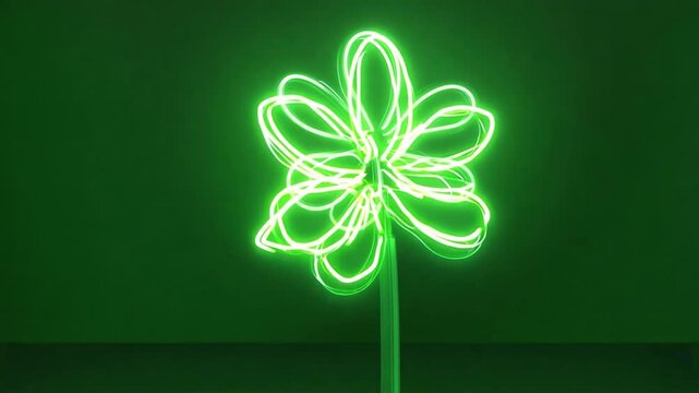 Neon Green Clover: A vibrant green neon clover blossoms in the dark, creating a captivating visual with its abstract, swirling lines. The clover's glowing outline is a symbol of luck and good fortune.