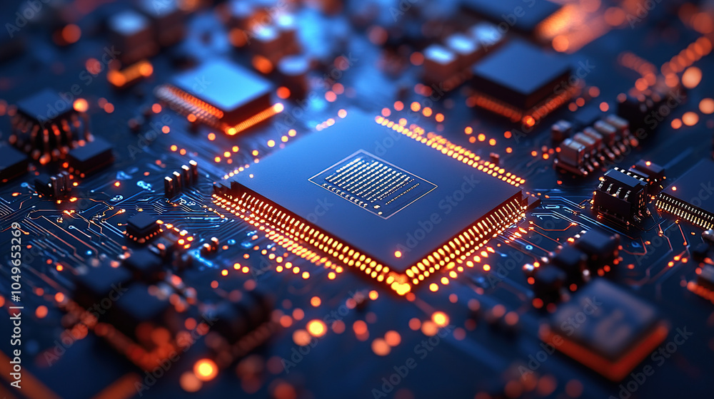 Poster close-up of a glowing microchip on a circuit board, with a chip in the middle