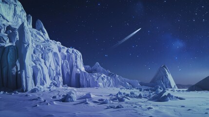 A breathtaking perspective of a high-altitude ice plateau with massive, fractured ice formations and a rare, bright comet streaking across the clear night sky