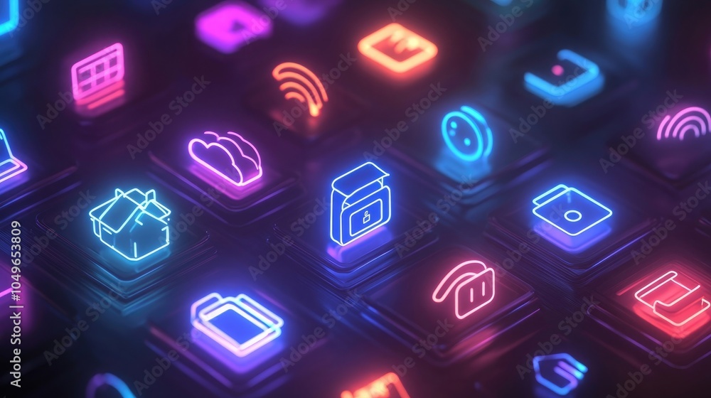 Poster neon icons representing smart home devices connected through a wireless cloud system, highlighting i