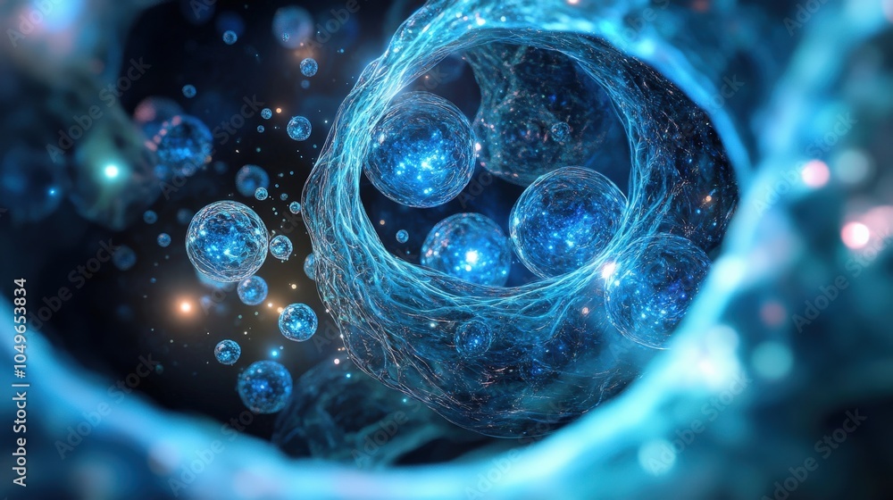 Poster this visual showcases intricate cellular structures filled with luminous blue spheres, capturing the
