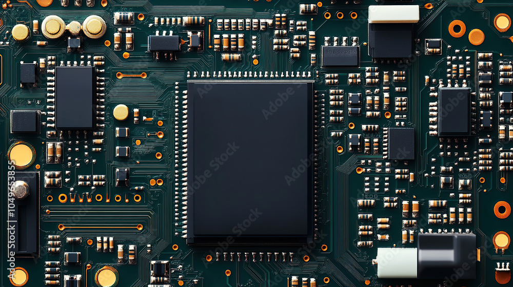 Poster close-up of a glowing microchip on a circuit board, with a chip in the middle