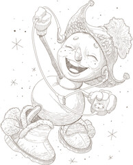 Fototapeta premium Funny cute snowman listen to music through headphones christmas illustration. Vector black and white drawing