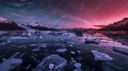 A breathtaking perspective of a remote glacier bay with vast icebergs and a rare, deep red meteor storm creating celestial trails across the icy waters, Glacier bay scene