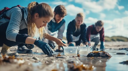 Biology field research, group of scientists studying marine life at a beach, bright and sunny, promoting hands-on science, perfect for stock photography,