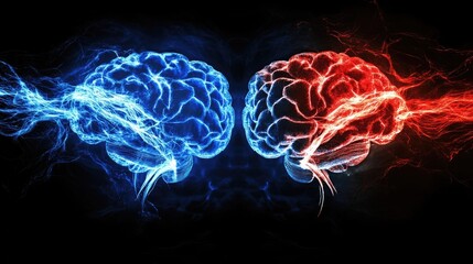 Red heart and blue brain connected by a glowing energy flow