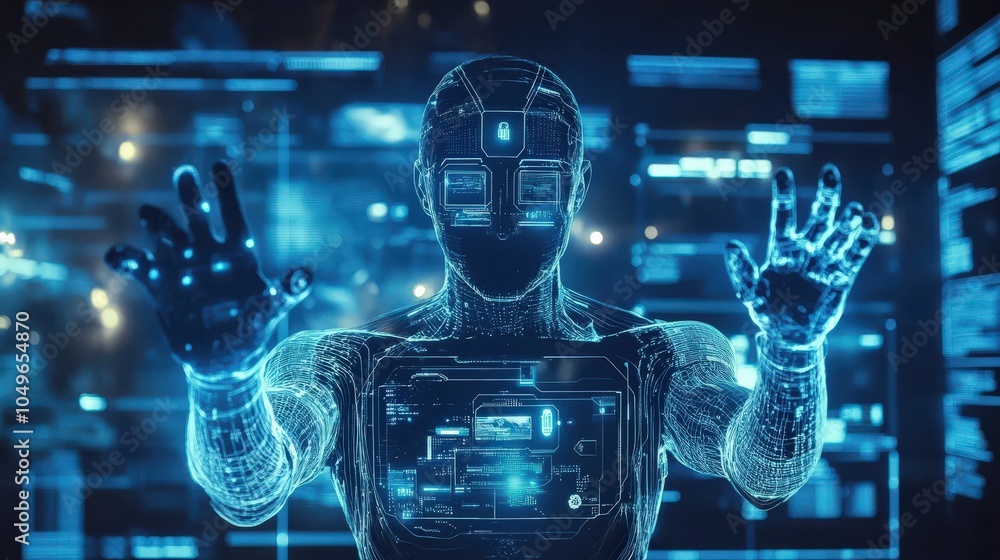 Poster a holographic figure stands in a modern, high-tech setting, engaging with transparent digital interf