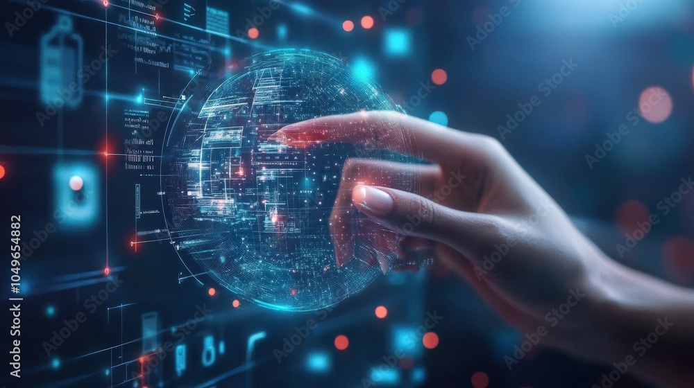 Poster an individual reaches out to touch a holographic globe, surrounded by streams of digital information