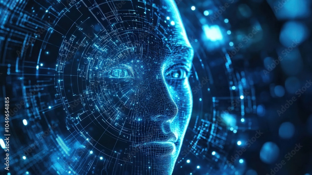 Poster a futuristic representation of digital intelligence features a human-like face embedded in a web of 