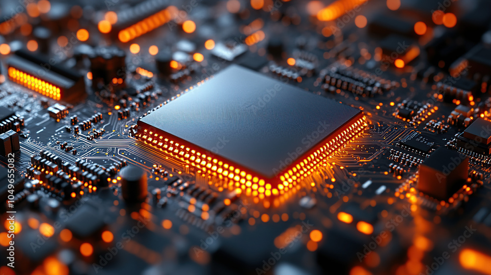 Poster close-up of a glowing microchip on a circuit board, with a chip in the middle