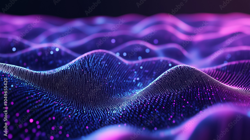 Poster colorful abstract forms illustrate data streams moving in smooth waves, creating a futuristic digita