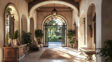 Obraz premium Architectural elements blending tradition and modernity, A church entrance with a beautiful archway, leading to a serene and peaceful interior.