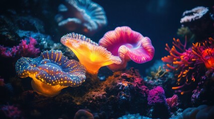 Fototapeta premium Bioluminescent organisms, underwater scene with glowing sea creatures, dark background, vibrant colors, showcasing marine biology, ideal for stock images,