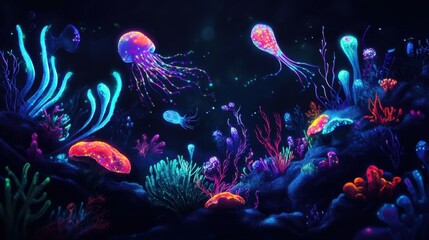 Obraz premium Bioluminescent organisms, underwater scene with glowing sea creatures, dark background, vibrant colors, showcasing marine biology, ideal for stock images,
