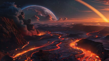 A breathtaking perspective of a remote volcanic island with glowing lava rivers and a rare, vivid planetary alignment forming a celestial arc over the fiery terrain, Volcanic island scene