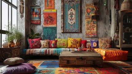 Fototapeta premium Bohemian decor, colorful living room with vibrant textiles, eclectic art pieces, layered rugs, promoting free-spirited home design, perfect for stock photos,