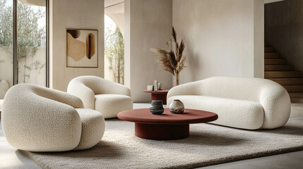 Fototapeta premium Cozy and welcoming contemporary living room showcasing a generously sized sectional sofa , A Scandinavian-inspired living room with neutral tones, plush textiles,